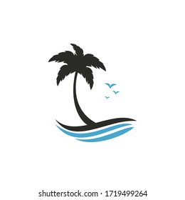 Beach and palm tree vector logo. Travel and tourism sign.