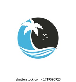 Beach and palm tree vector logo. Travel and tourism sign.