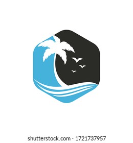 Beach and palm tree vector logo. Travel and tourism sign.
