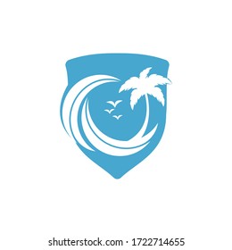 Beach and palm tree vector logo. Travel and tourism sign.	