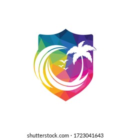 Beach and palm tree vector logo. Travel and tourism sign.	