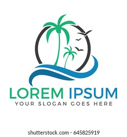 Beach and palm tree vector logo. Travel and tourism sign.
