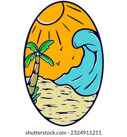 Ondas de la ola de la palmera en la playa vibraciones de la madera