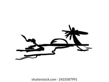 beach with palm trees, balck and white