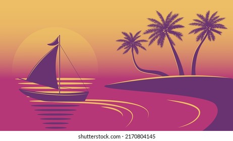 A beach with palm trees and a boat on the background of a red sunset