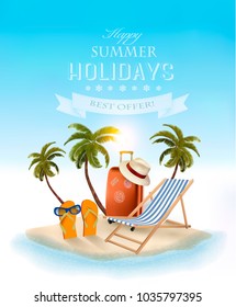 Beach with palm trees and beach chair. Summer vacation concept background. Vector. 