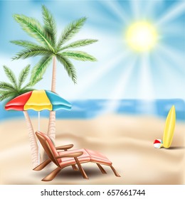 Playa con palmeras, tumbonas y atributos de playa. Ilustración vectorial realista EPS 10.