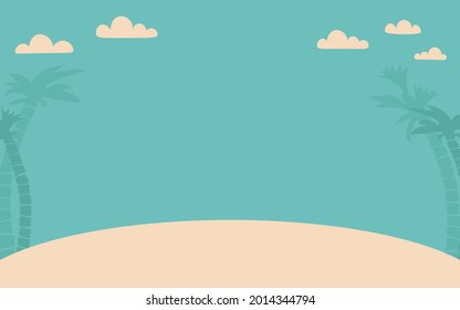 Beach with palm trees and clouds. Vector cartoon background copy space.
