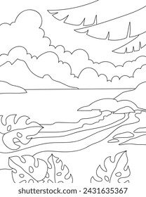 Beach with palm trees. Coloring page, black and white vector illustration.