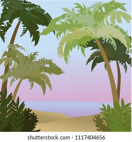 Beach with palm trees in front of the sea at sunset