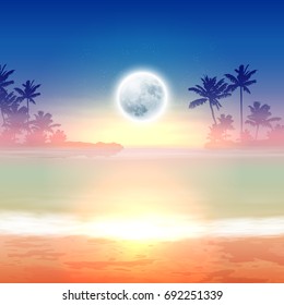 Beach with palm trees and full moon at night. Tropical background. EPS10 vector.