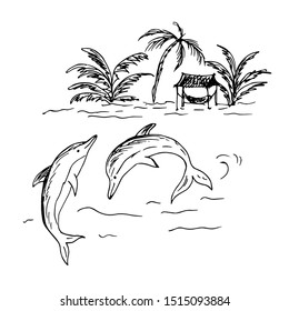 Beach with palm trees and jumping dolphins in the sea. Line drawing. Vector illustration.