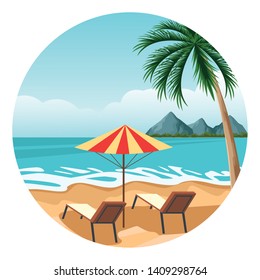 Beach and palm trees landscape sand and sea with chairs and umbrella vector illustration graphic design