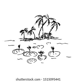 Beach with palm trees and lotuses in the water. Line drawing. Vector illustration.