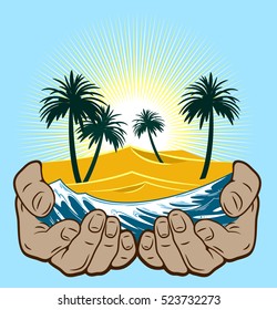 Beach and palm trees in a man's hand