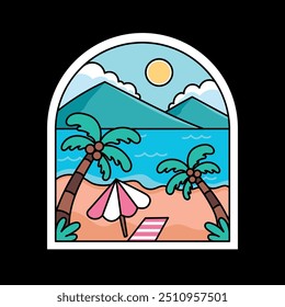 Strand mit Palmen und Bergabzeichen