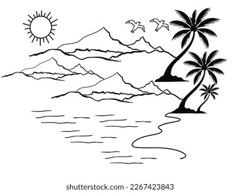 Beach with palm trees and mountains. Hand drawn sketch, illustration in retro frame.
