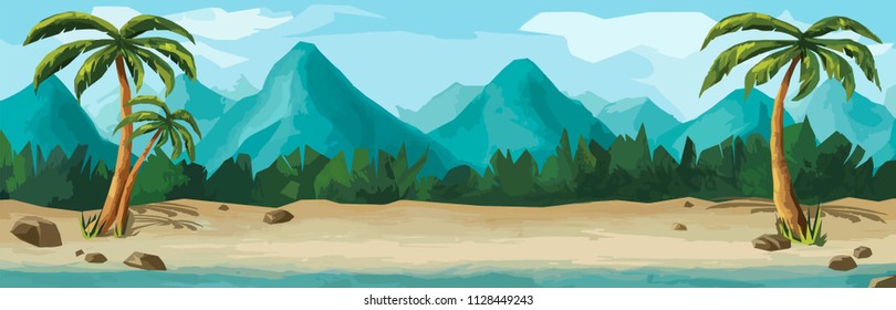 Beach palm trees with mountains. Summer vacation in tropics. Cartoon vector illustration