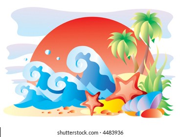 Beach with palm trees on a background of blue waves and the red sun