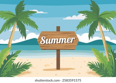 Beach with palm trees. Palm trees on a sandy beach. Paradise beach with palm trees and a "summer" sign. Current island. Paradise holiday. Rest in eternal summer.