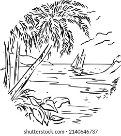 Beach with palm trees and a sailboat in the water hand draw vector illustration art