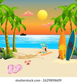 A beach with palm trees, sand, and a calm ocean,Sunset, indicated by the orange and yellow sky and the setting sun.