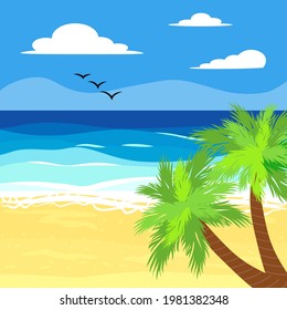 Beach with palm trees and sea, ocean, vacation and tourism concept. Summer, vacation