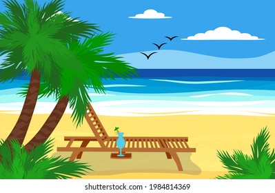 Beach with palm trees and sea, ocean, vacation and tourism concept. Summer, vacation