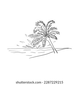Beach with palm trees. Sea sunset. One line.Stock vector illustration.