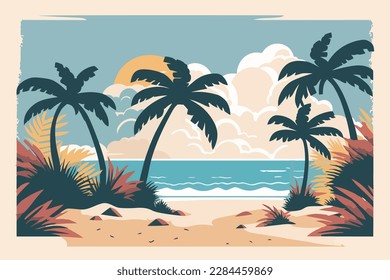 Beach with palm trees and sea. Vector illustration in flat style. Beach with palm trees white sand