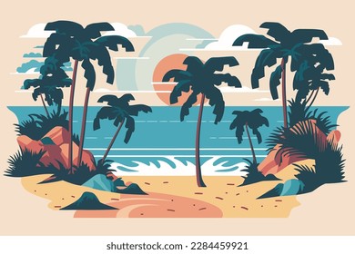 Playa con palmeras y mar. Ilustración vectorial en estilo plano. Playa de arena blanca con palmeras