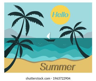 Beach with palm trees, sea and yacht, ocean. Creative landscape background, message template. The concept of recreation, summer entertainment, tourism, vacation.