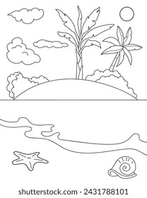 Beach with palm trees and shells. Coloring page, black and white vector illustration.