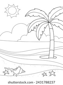 Beach with palm trees and shells. Coloring page, black and white vector illustration.