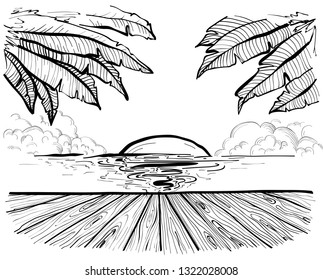 Beach and palm trees, summer time paradise sketch. Palm leaf at seashore and wooden background, tropical vector illustration.