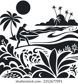 Beach, palm trees, surf. summer vector illustration