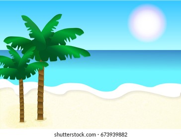 Beach with palm trees. Tropical beach. Sandy beach under the bright sun. Vector background. Vector illustration beach, waves and palms.
