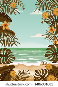 Beach palm trees. Vector illustration. Template baner poster tourism trip vacation warm country seashore ocean water wave coast hot sun holiday relax summer palms exotic floral. Vector isolated