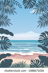 Beach palm trees. Vector illustration. Template baner poster tourism trip vacation warm country seashore ocean water wave coast hot sun holiday relax summer palms exotic floral. Vector isolated