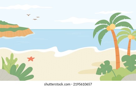 Beach with palm trees. The waves crash and the island is visible in the distance. flat design style vector illustration.