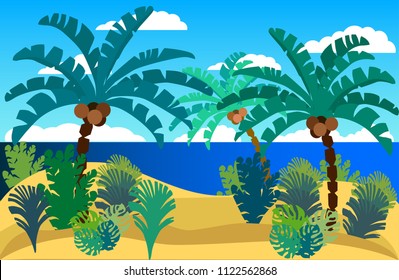 beach, palm trees,sea,clouds,flat style, vector