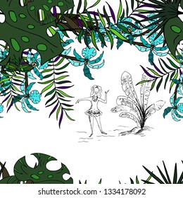 Beach with palm trees,tropical plants and dancing girl.  Seamless pattern. Vector illustration.