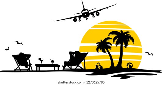 Beach with Palms and Airplane