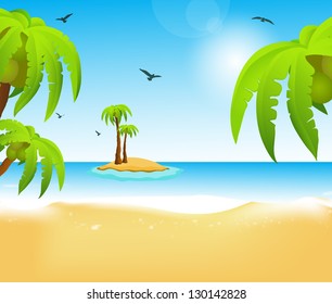 Beach with palms and birds, vector illustration