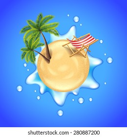 Beach with palms, deck chair and water splash travel concept vector