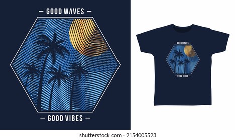 Beach palms line art cartoon tshirt design