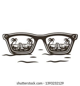 Beach and palms reflection in glasses