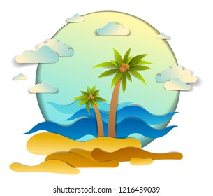 Beach with palms, sea waves perfect seascape, clouds in the sky, summer beach holidays theme paper cut style vector illustration.  