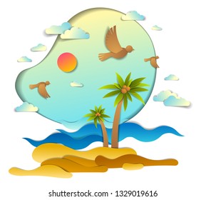 Beach with palms, sea waves perfect seascape, birds clouds and sun in the sky, summer beach holidays theme paper cut style vector illustration.
