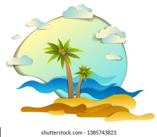 Beach with palms, sea waves perfect seascape, clouds in the sky, summer beach holidays theme paper cut style vector illustration.  